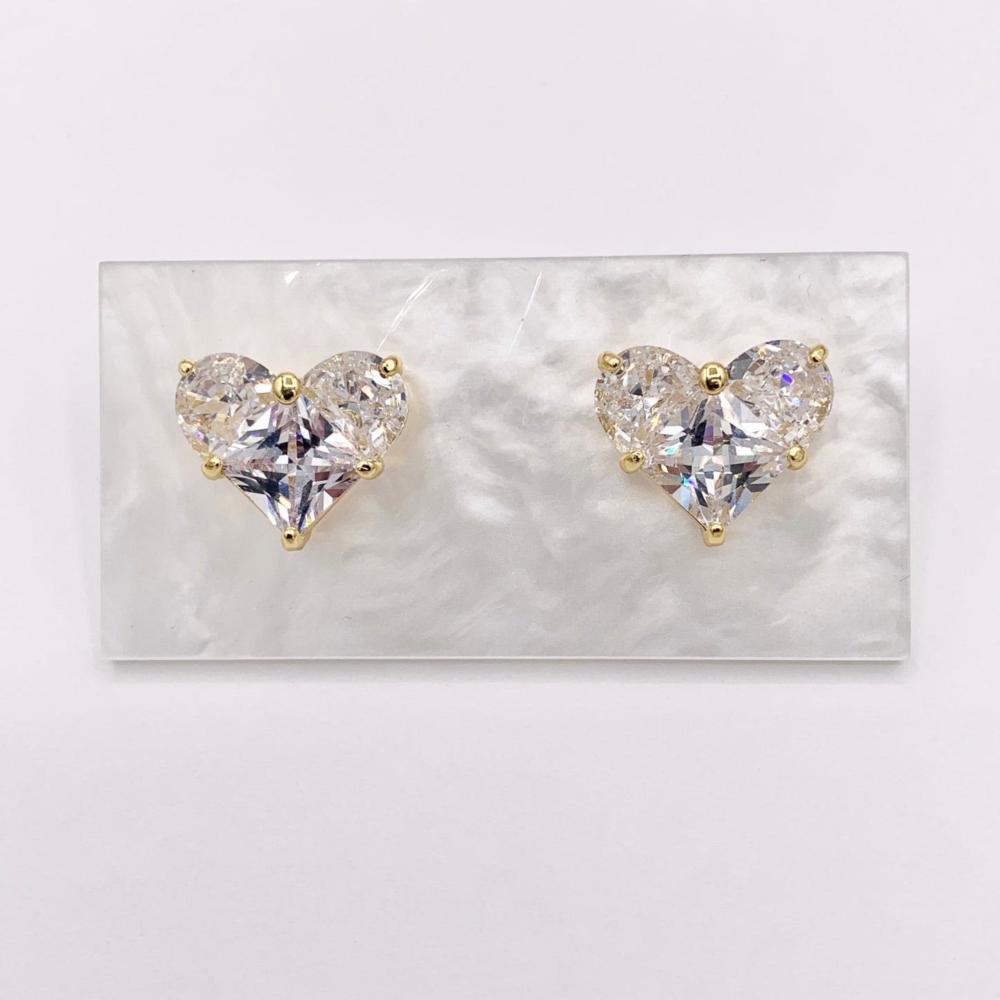 Shiny Heart Earring Studs in Cubic Zirconia 18K Gold plated Copper 3 PAIRS