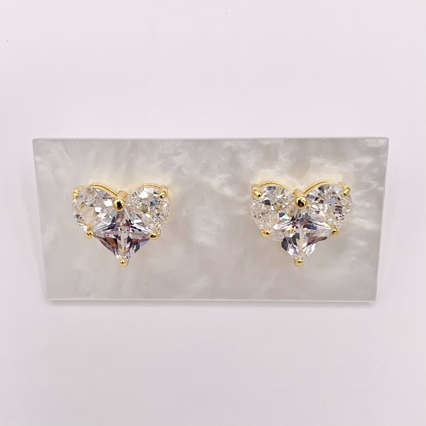 Shiny Heart Earring Studs in Cubic Zirconia 18K Gold plated Copper 3 PAIRS