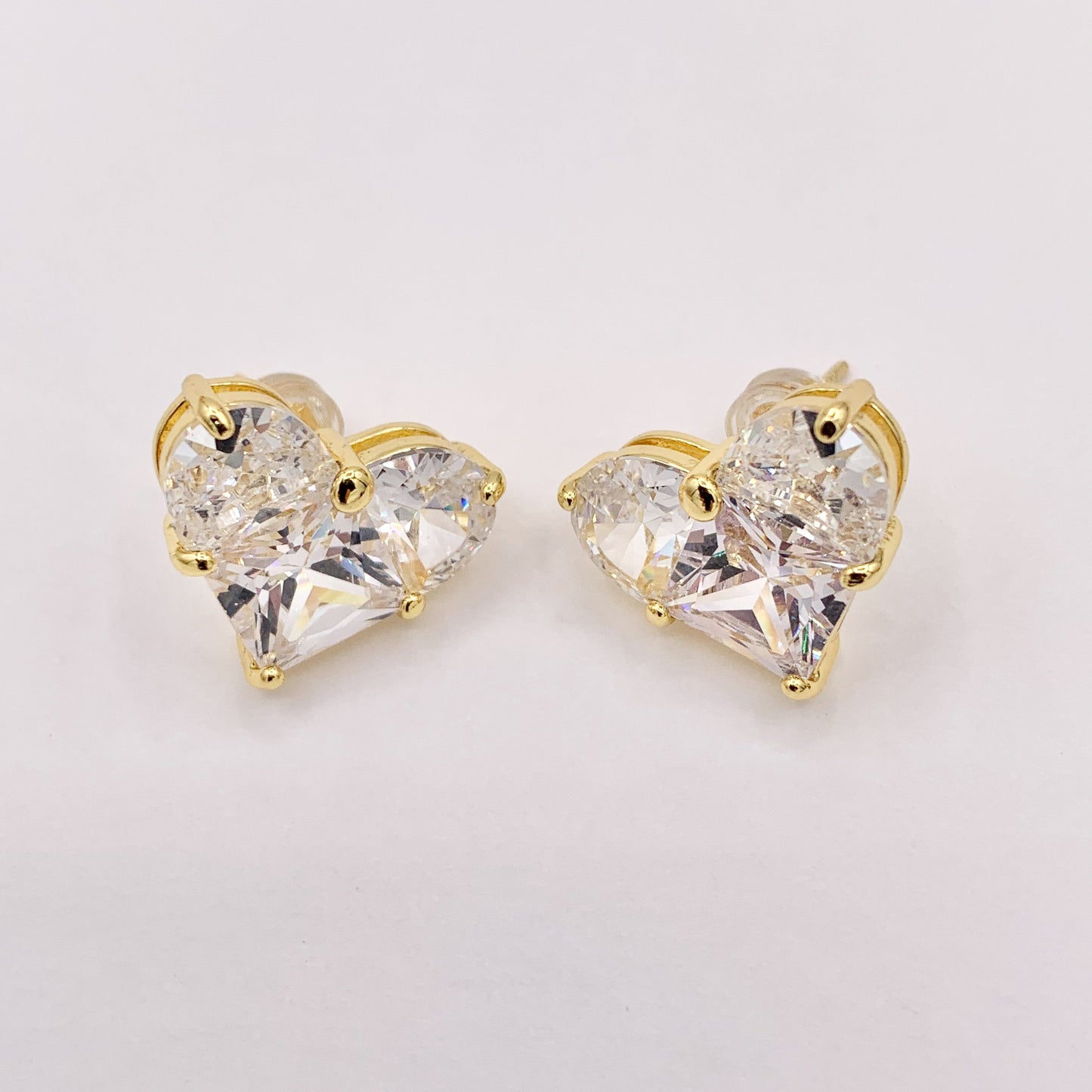 Shiny Heart Earring Studs in Cubic Zirconia 18K Gold plated Copper 3 PAIRS