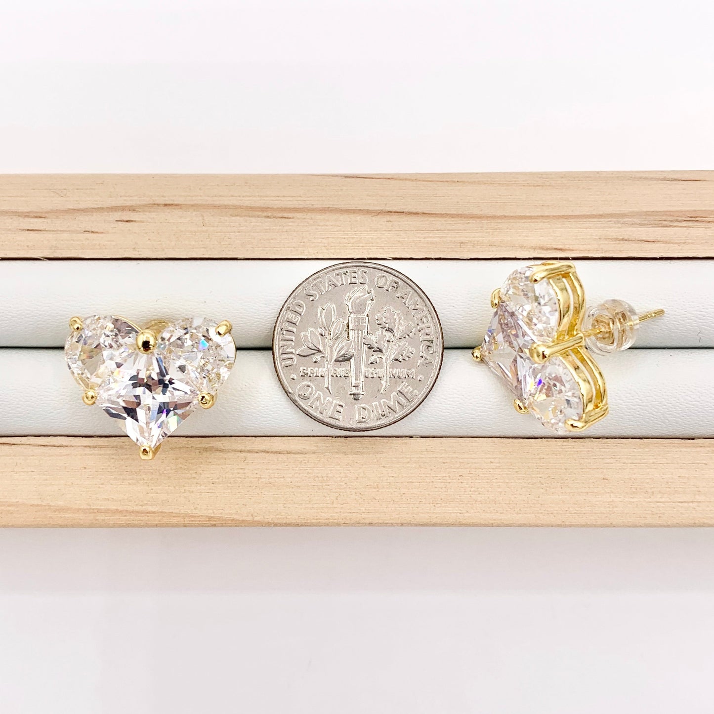 Shiny Heart Earring Studs in Cubic Zirconia 18K Gold plated Copper 3 PAIRS