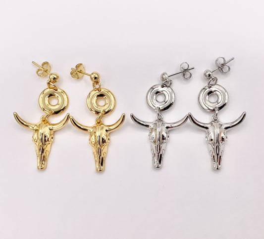 1.5" Long Horn Steer Head Dangle Earrings Stud in 18K Gold/Silver Plated Copper 3 PAIRS