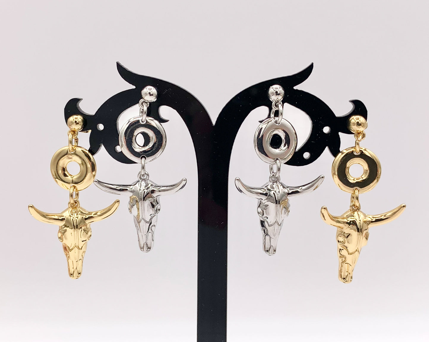 1.5" Long Horn Steer Head Dangle Earrings Stud in 18K Gold/Silver Plated Copper 3 PAIRS