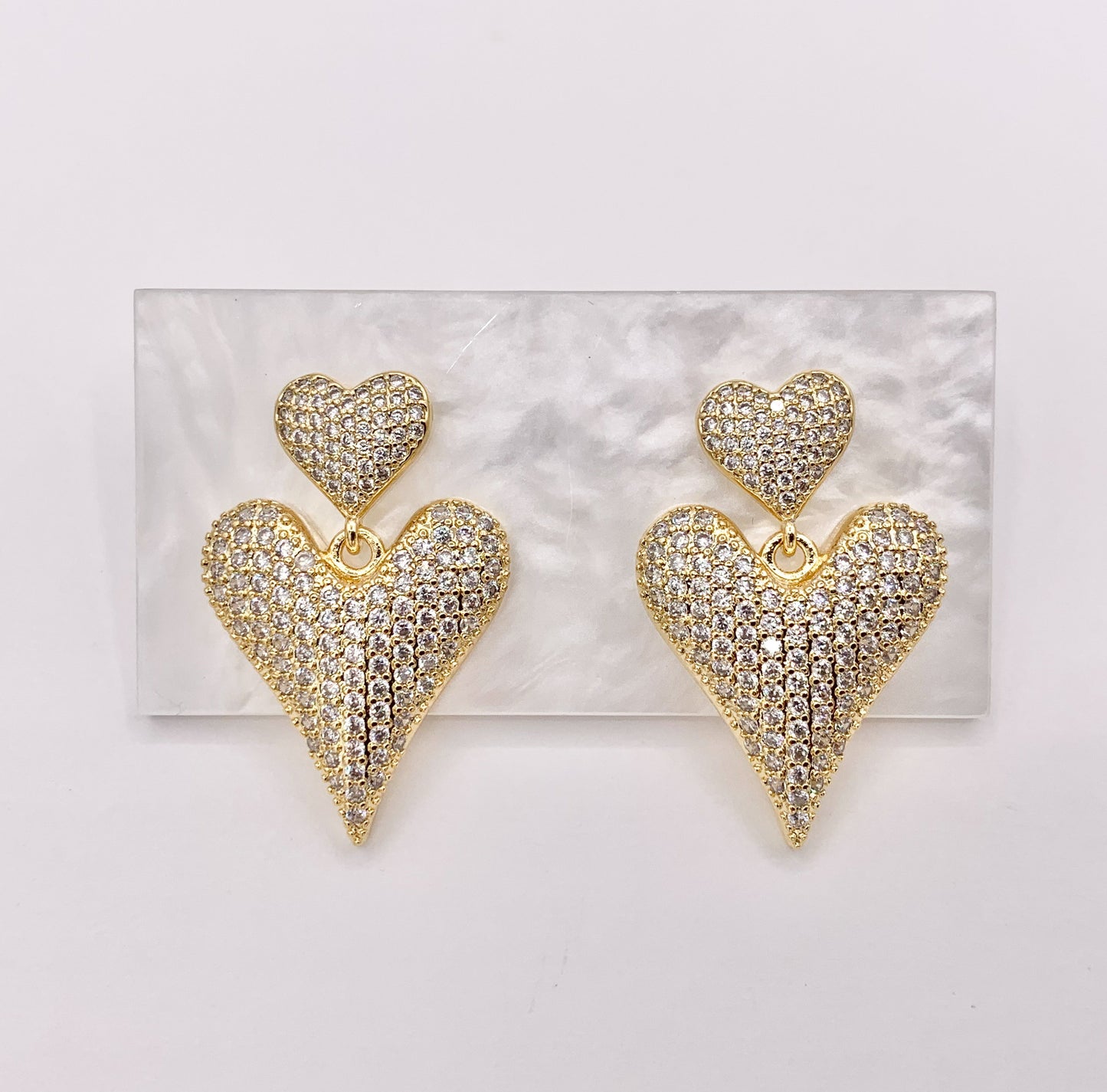 Bold Dangle Puffy Heart Earrings in Rhinestone CZ Pave Designed in 18K Gold or Silver Plated Copper 3 PAIRS