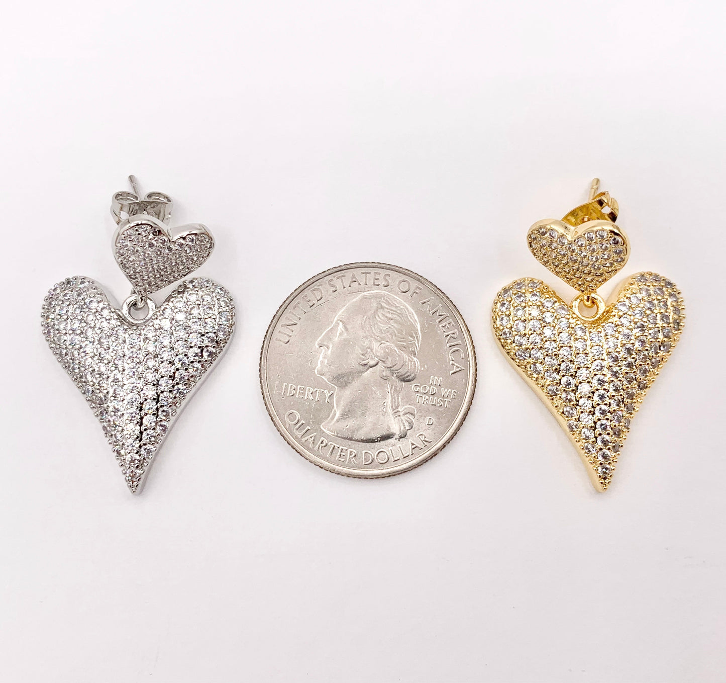 Bold Dangle Puffy Heart Earrings in Rhinestone CZ Pave Designed in 18K Gold or Silver Plated Copper 3 PAIRS