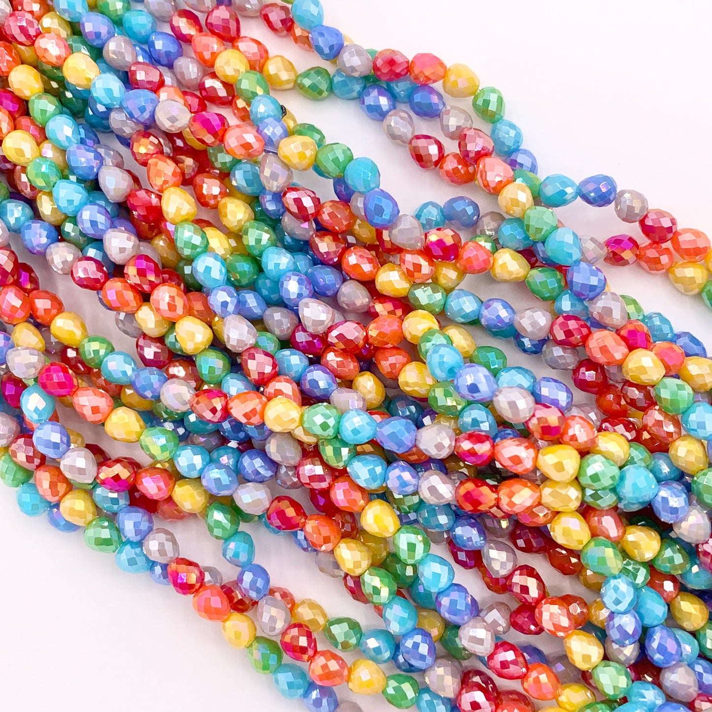 4mm High Quality Rainbow Multicolor Teardrop/Pear Shape Faceted Shiny Crystal Beads 1 Strand 10"