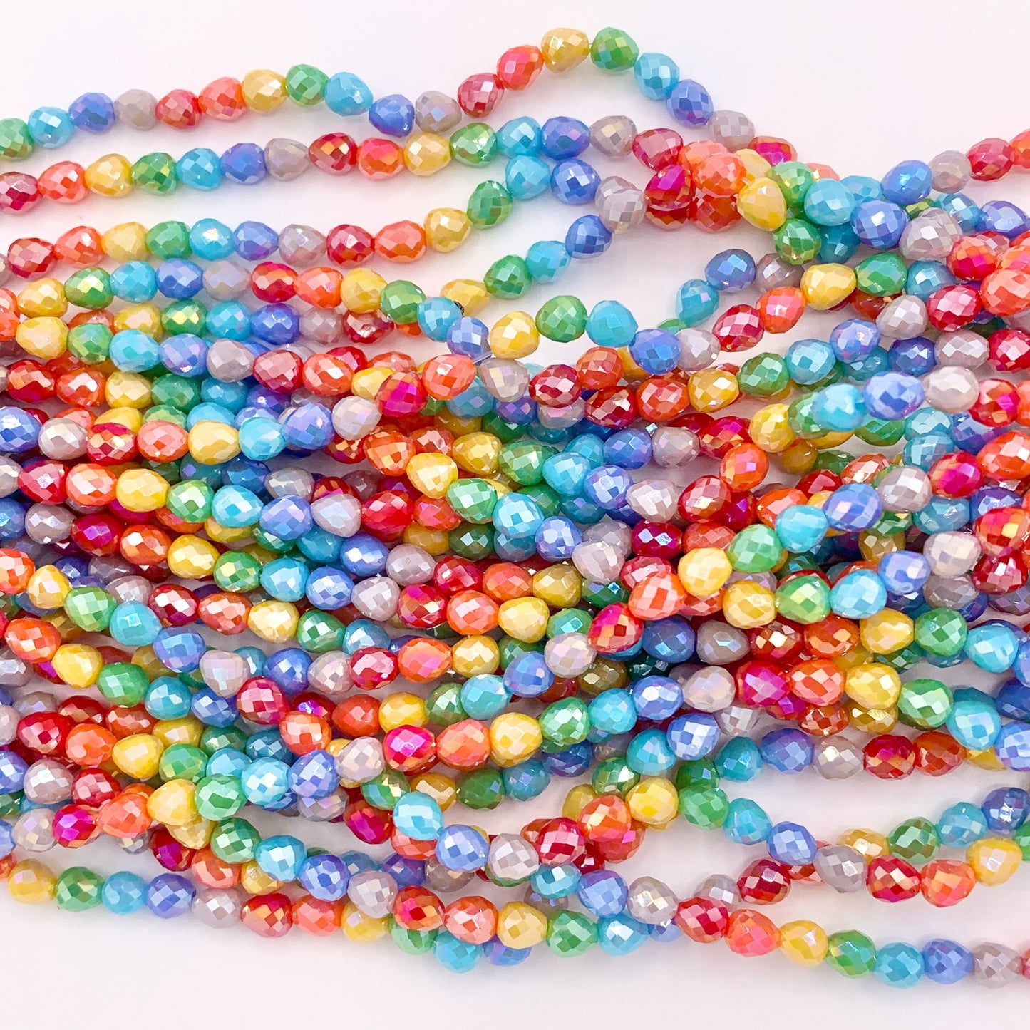 4mm High Quality Rainbow Multicolor Teardrop/Pear Shape Faceted Shiny Crystal Beads 1 Strand 10"