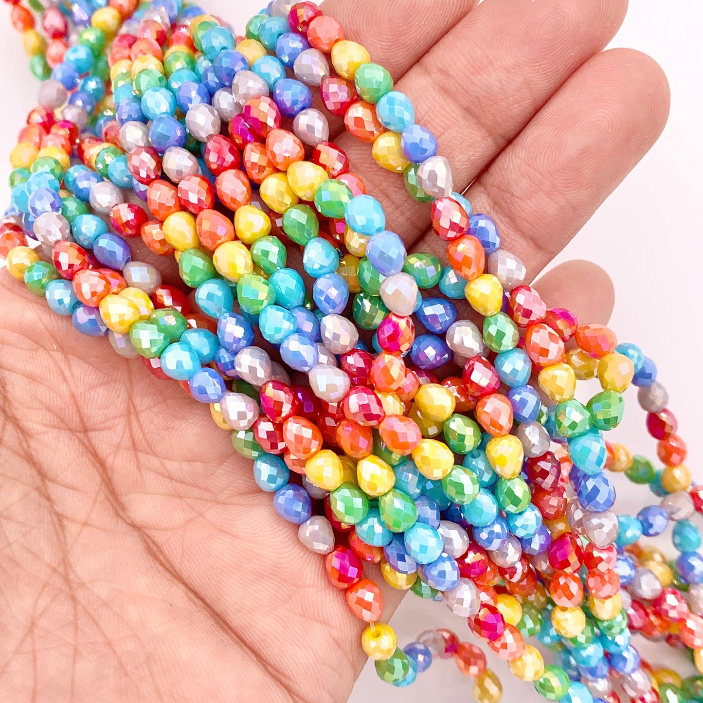 4mm High Quality Rainbow Multicolor Teardrop/Pear Shape Faceted Shiny Crystal Beads 1 Strand 10"