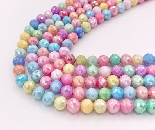 8mm High Quality Opaque Pastel Multicolor Crystal Round Faceted Shiny Crystal Beads 1 Strand 9-10"