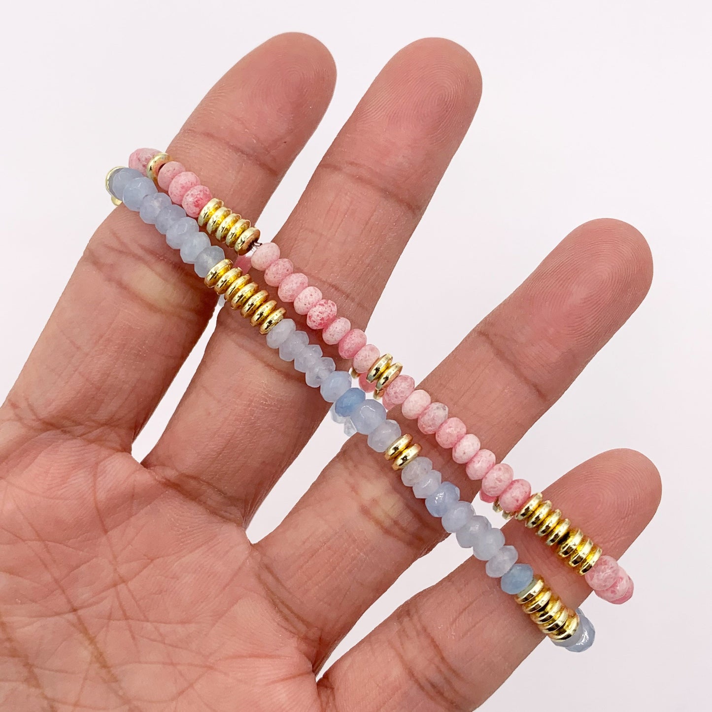 4mm Dyed Jade Beaded Dainty Light Pink & Blue Rondelle Jade with Gold Plated Hematite Saucer Spacers Bracelets 6.5" Price For 1PC