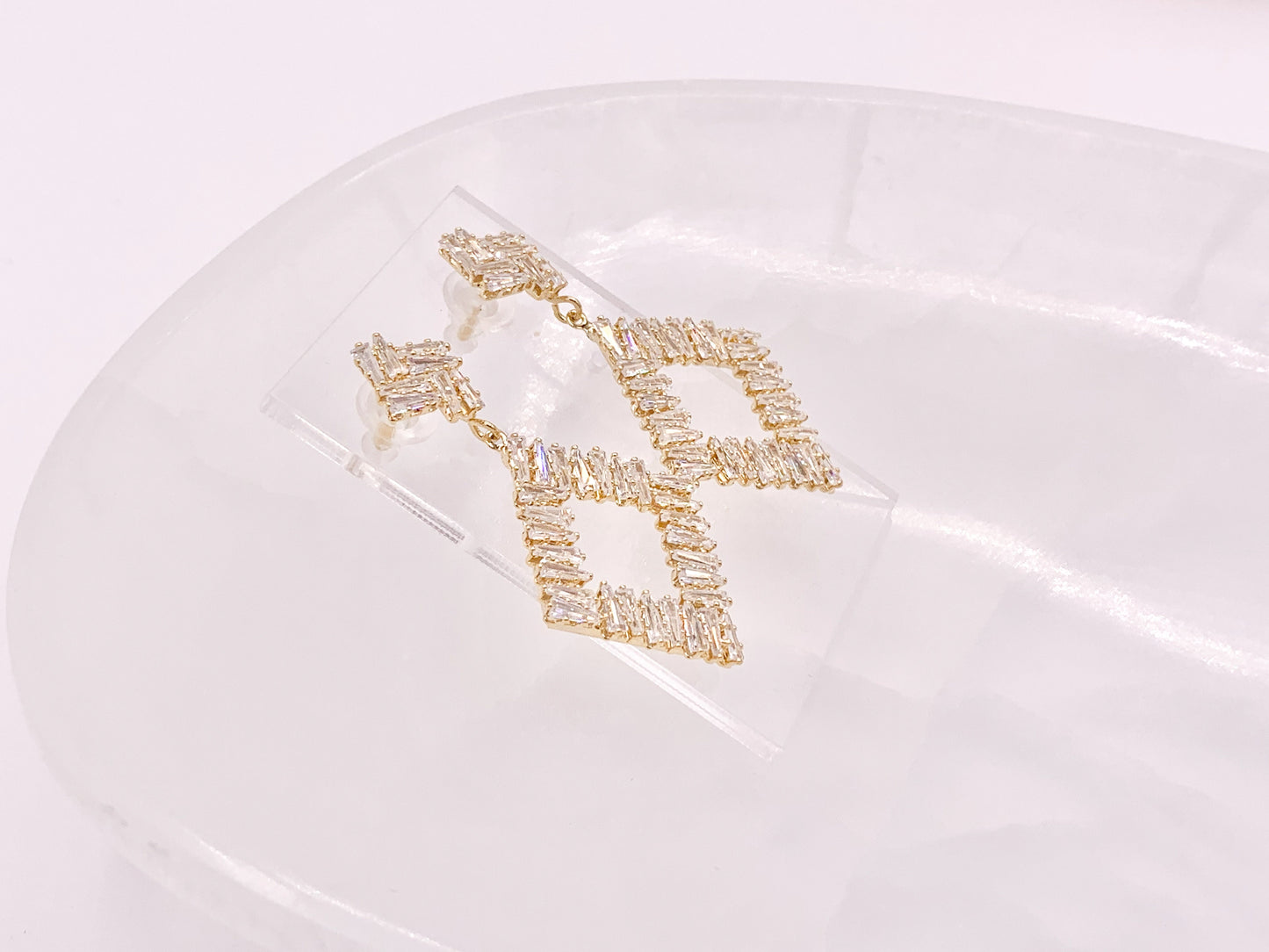 Diamond Shape Luxury Baguette CZ Pave Earrings in 18k Gold and Silver Over Copper 2 Pairs
