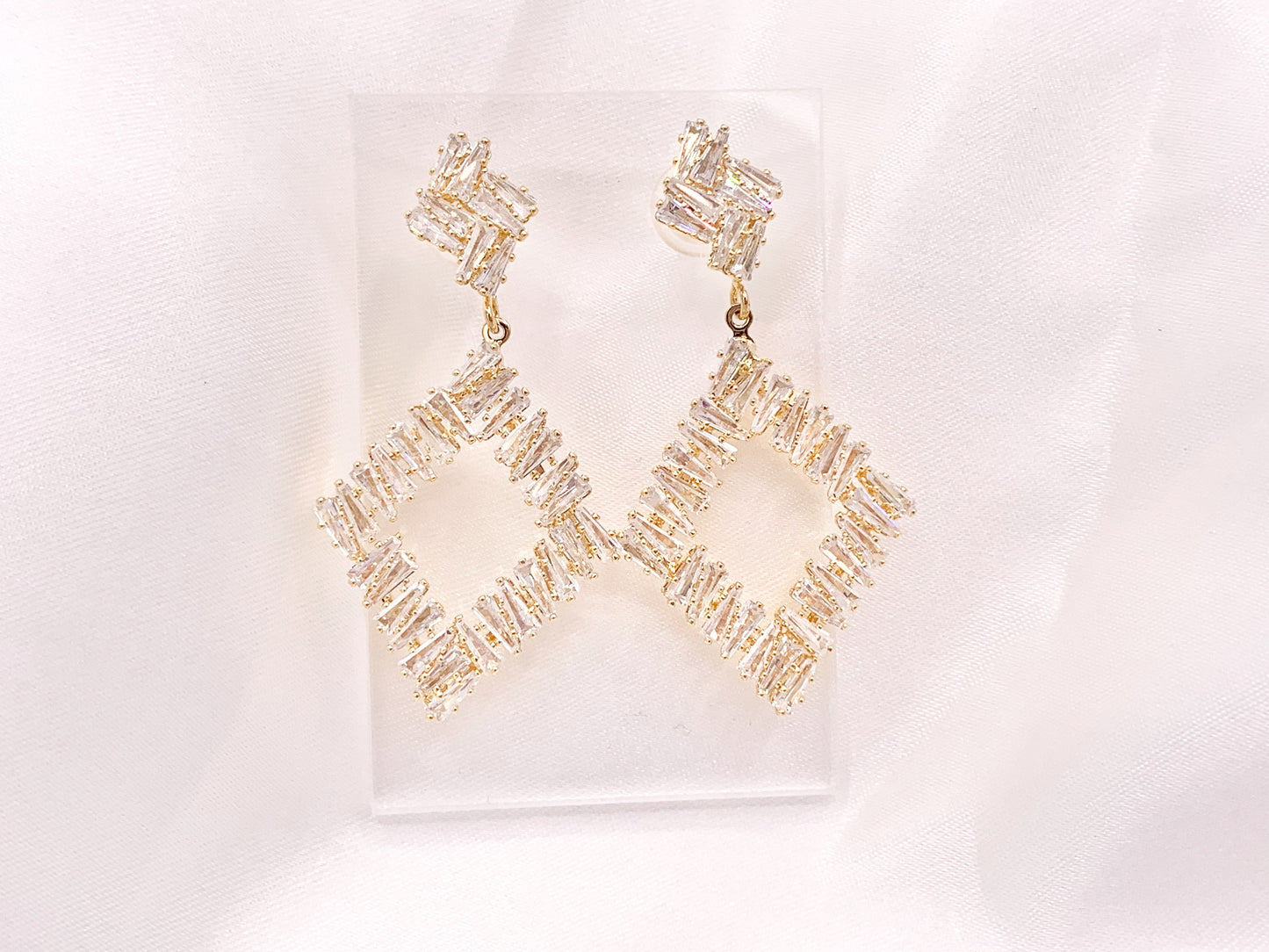 Diamond Shape Luxury Baguette CZ Pave Earrings in 18k Gold and Silver Over Copper 2 Pairs