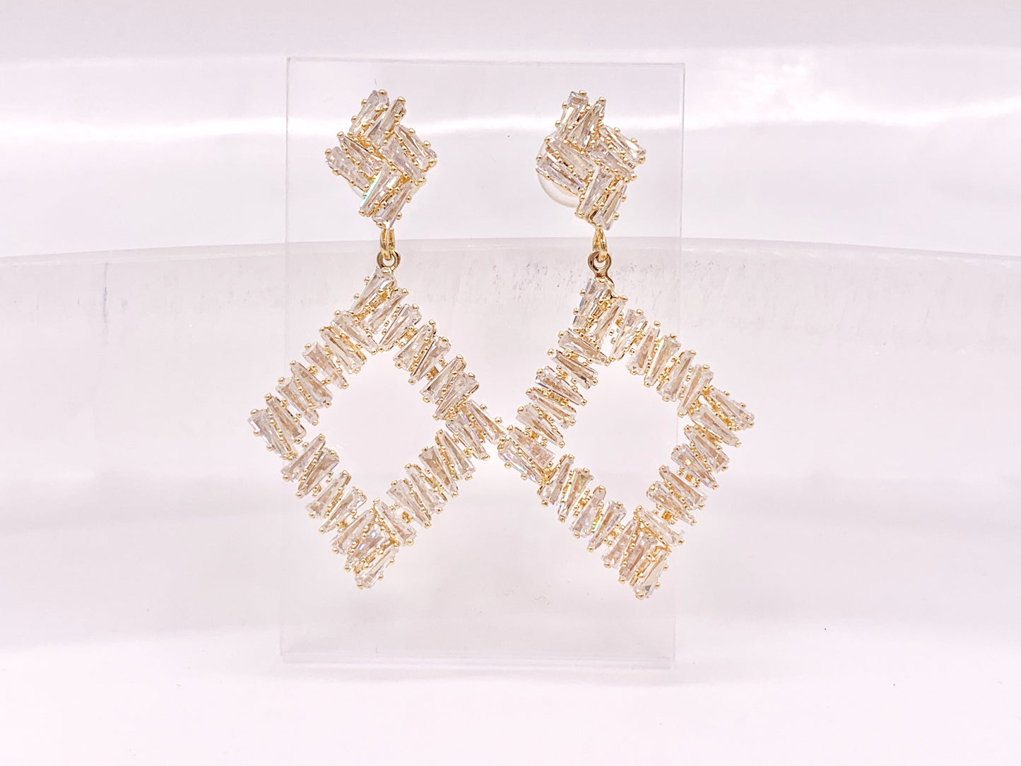 Diamond Shape Luxury Baguette CZ Pave Earrings in 18k Gold and Silver Over Copper 2 Pairs
