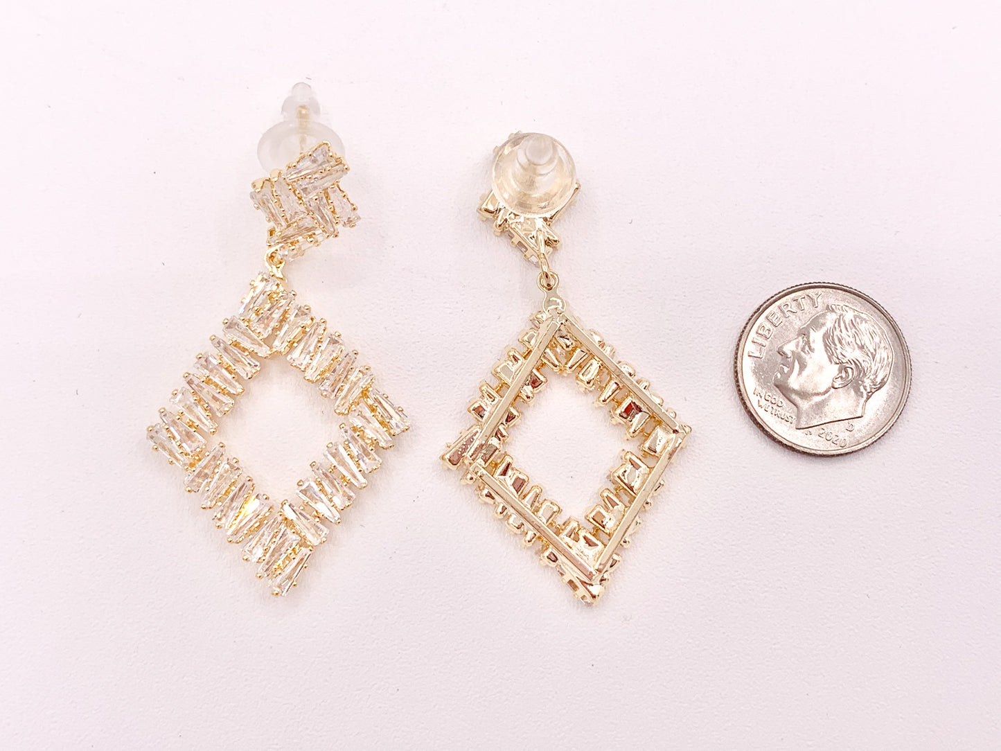 Diamond Shape Luxury Baguette CZ Pave Earrings in 18k Gold and Silver Over Copper 2 Pairs