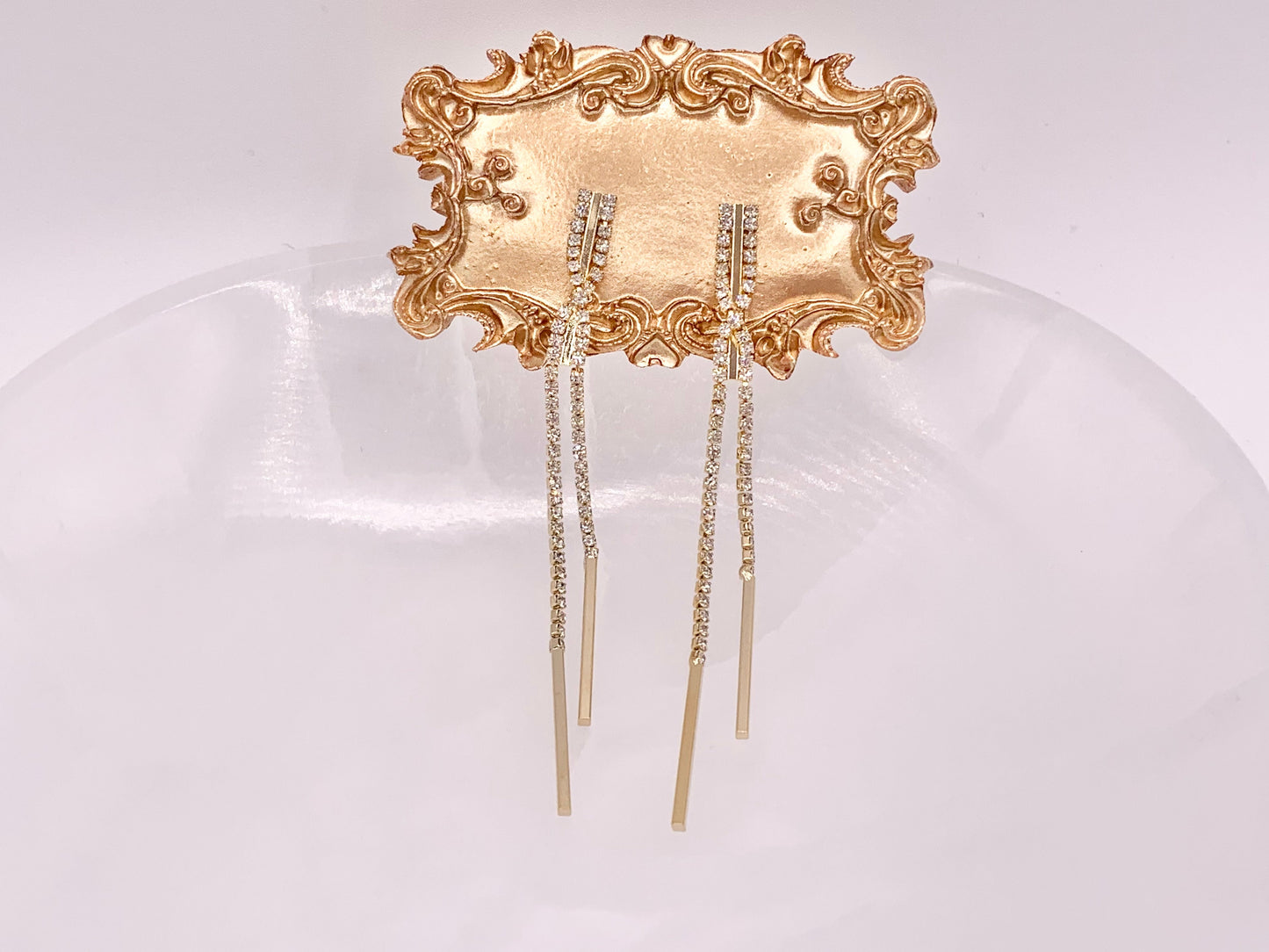 Long Beautiful Delicate CZ Rhinestone Elegant Tassel Stick Earrings in 18K Gold Plated Copper