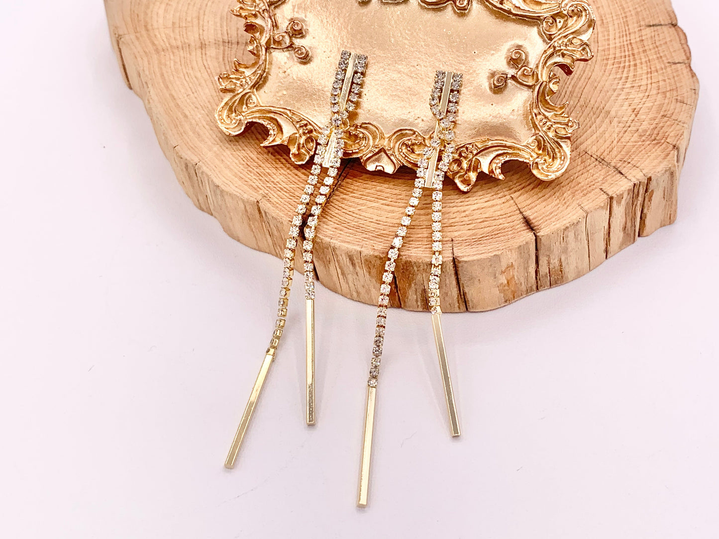 Long Beautiful Delicate CZ Rhinestone Elegant Tassel Stick Earrings in 18K Gold Plated Copper