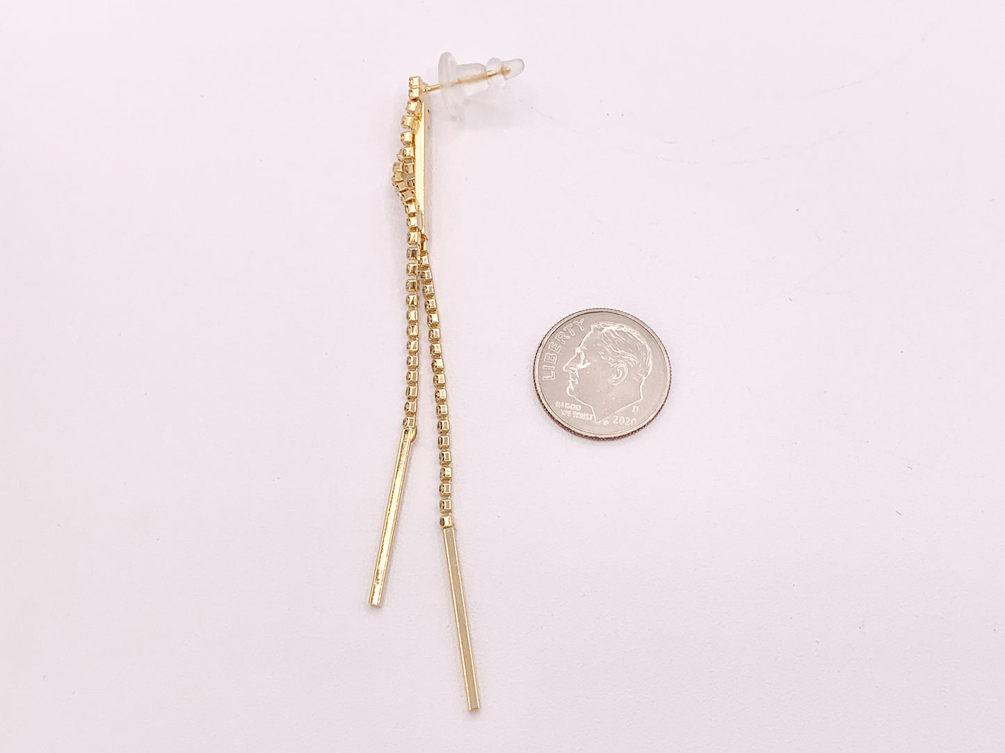 Long Beautiful Delicate CZ Rhinestone Elegant Tassel Stick Earrings in 18K Gold Plated Copper