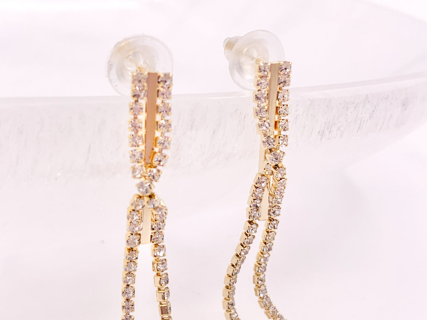 Long Beautiful Delicate CZ Rhinestone Elegant Tassel Stick Earrings in 18K Gold Plated Copper