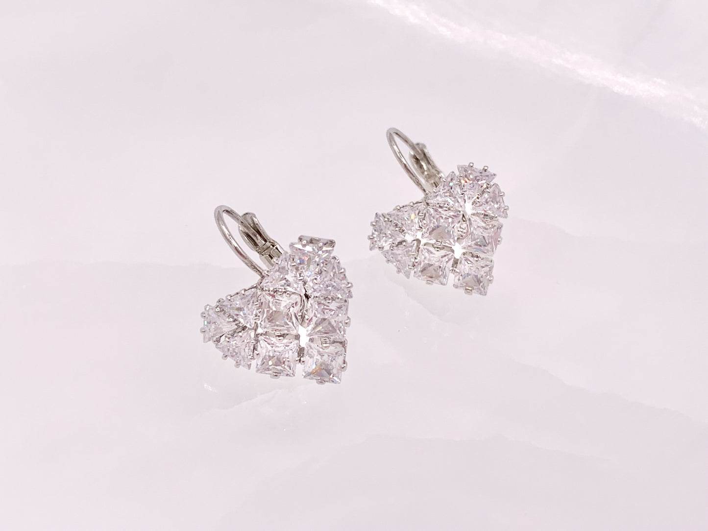 Real 18K Gold/Silver Plated CZ Pave Luxury Heart Shape Lever Back Dangle Earrings Over Copper
