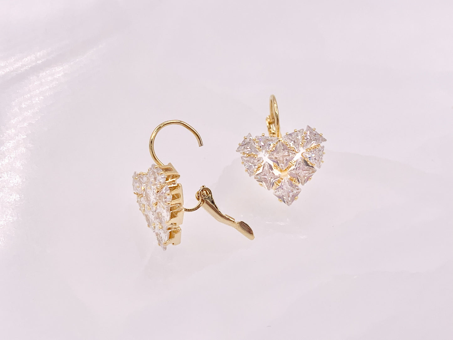 Real 18K Gold/Silver Plated CZ Pave Luxury Heart Shape Lever Back Dangle Earrings Over Copper