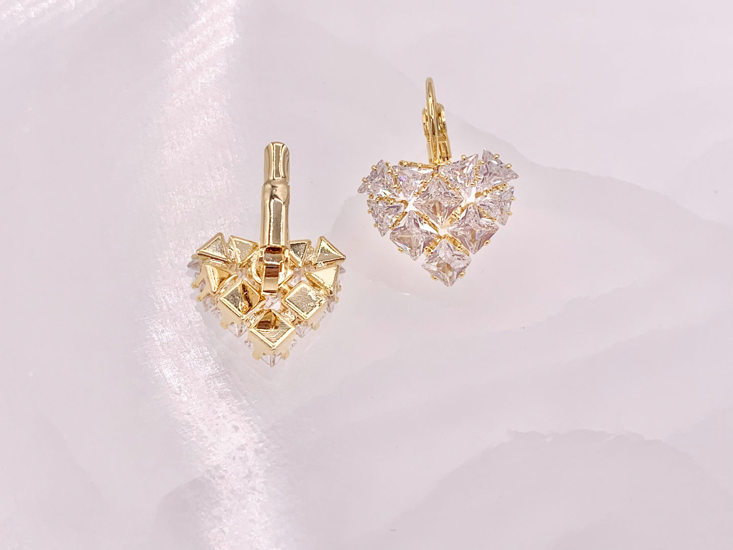 Real 18K Gold/Silver Plated CZ Pave Luxury Heart Shape Lever Back Dangle Earrings Over Copper
