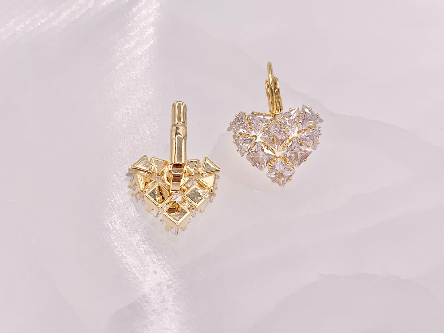 Real 18K Gold/Silver Plated CZ Pave Luxury Heart Shape Lever Back Dangle Earrings Over Copper