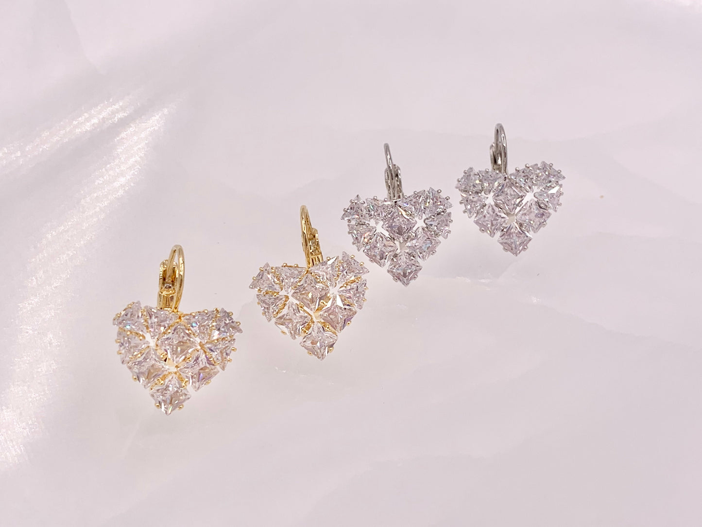 Real 18K Gold/Silver Plated CZ Pave Luxury Heart Shape Lever Back Dangle Earrings Over Copper