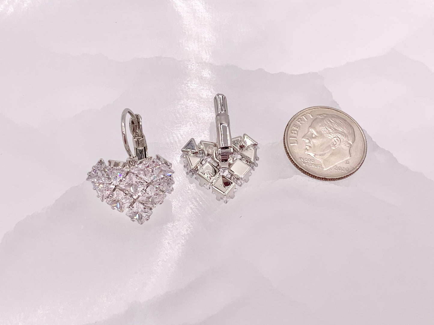 Real 18K Gold/Silver Plated CZ Pave Luxury Heart Shape Lever Back Dangle Earrings Over Copper