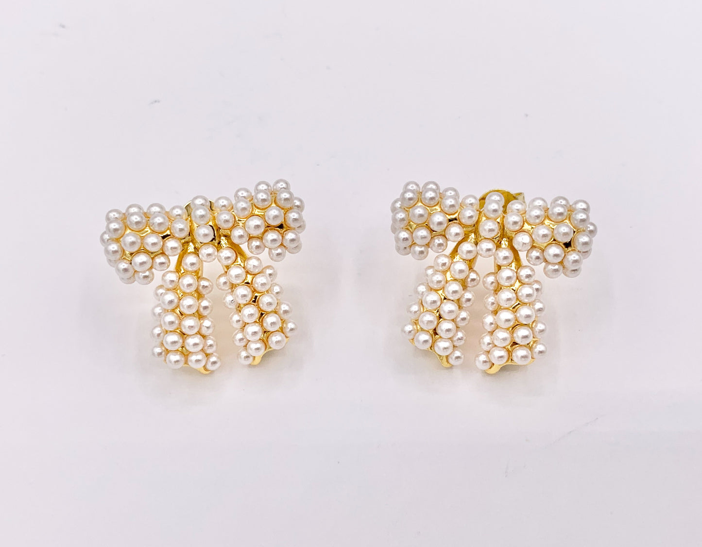Cute Bowtie Studs with Pearls and CZ Pave in 18K Gold plated Copper 3 PAIRS