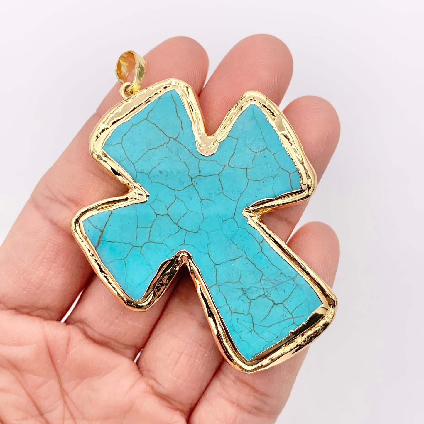 2" Long Gold Trim Turquoise Howlite Cross Pendant in 18K Gold Plated Copper 3 PCS