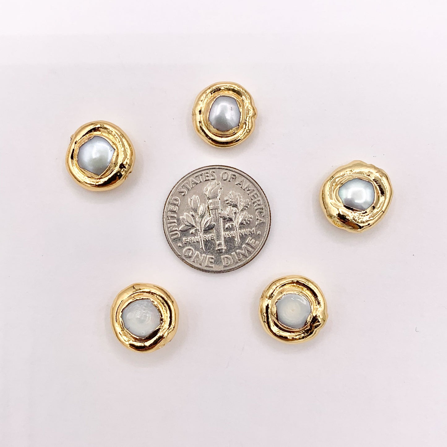 10-11mm Gold Trim Freshwater Pearl Coin Spacer Beads in 18K Gold Plated Copper 10 PCS