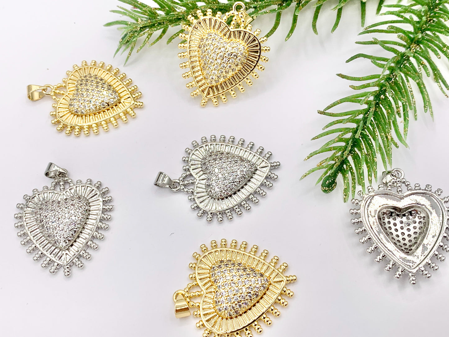 Large Puffy Heart Burst Pendant One Sided Rhinestone CZ Pave Designed in 18K Gold or Silver Plated Copper 5 PCS