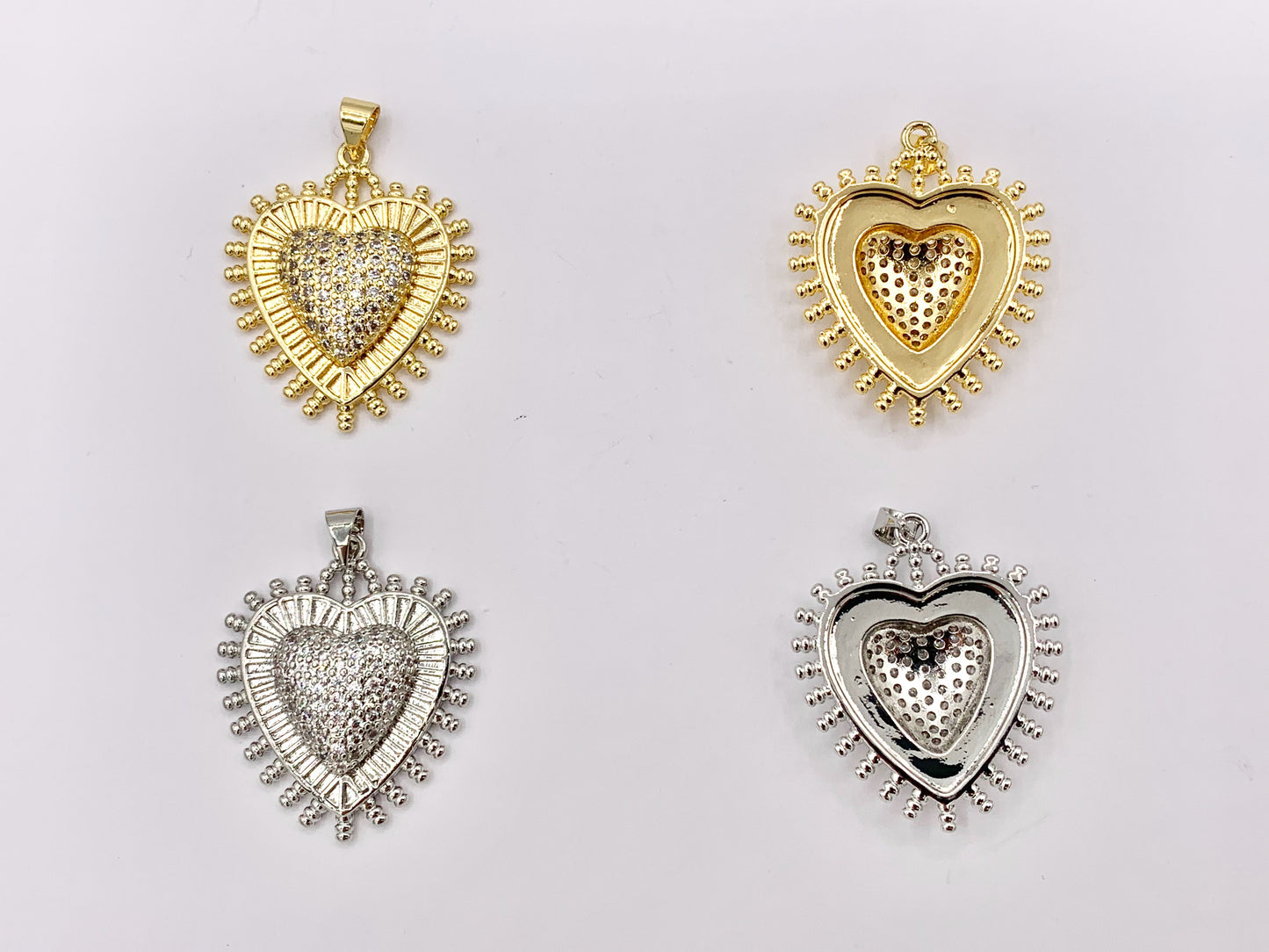 Large Puffy Heart Burst Pendant One Sided Rhinestone CZ Pave Designed in 18K Gold or Silver Plated Copper 5 PCS