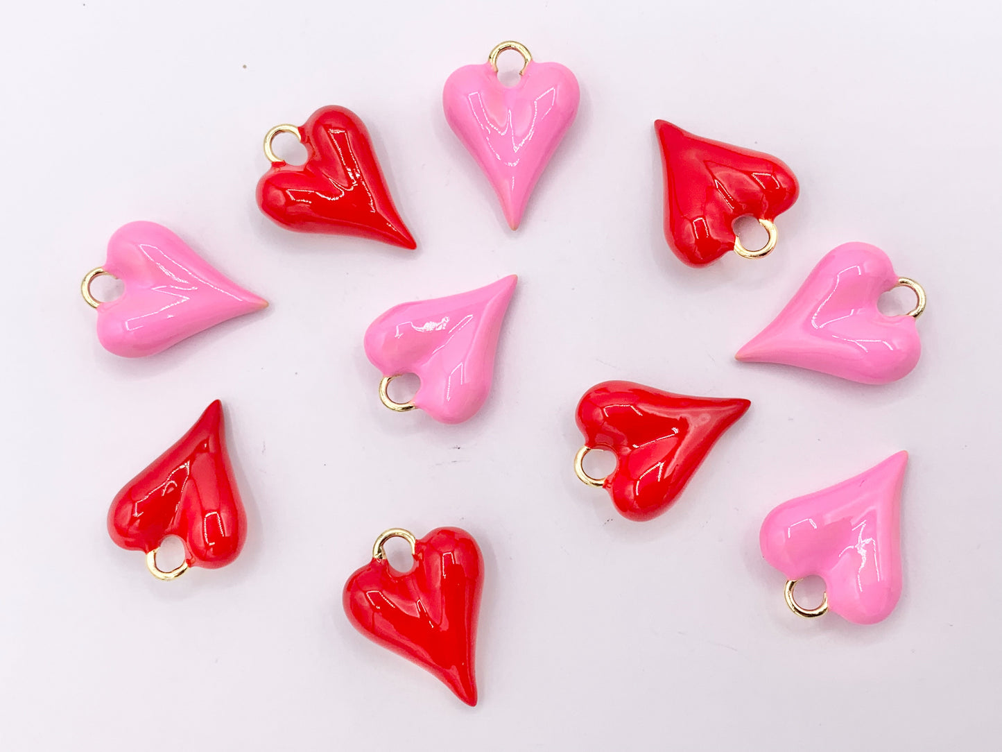 Pink and Red Enamel Heart Charm Double Sided Puffy Heart Valentine's Day Pendants in 18K Gold Plated Over Copper  8 PCS