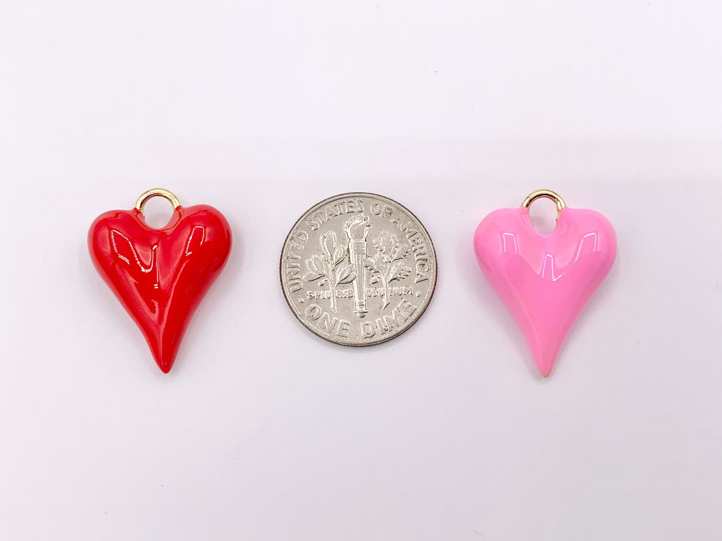 Pink and Red Enamel Heart Charm Double Sided Puffy Heart Valentine's Day Pendants in 18K Gold Plated Over Copper  8 PCS