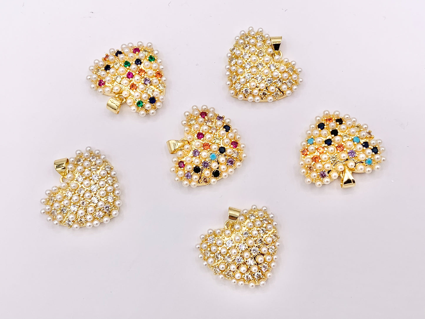Clear and Multi CZ Pave Pearl Encrusted Puffy Hearts Pendant Charms in Real 18K Gold Plated Copper 5 PCS