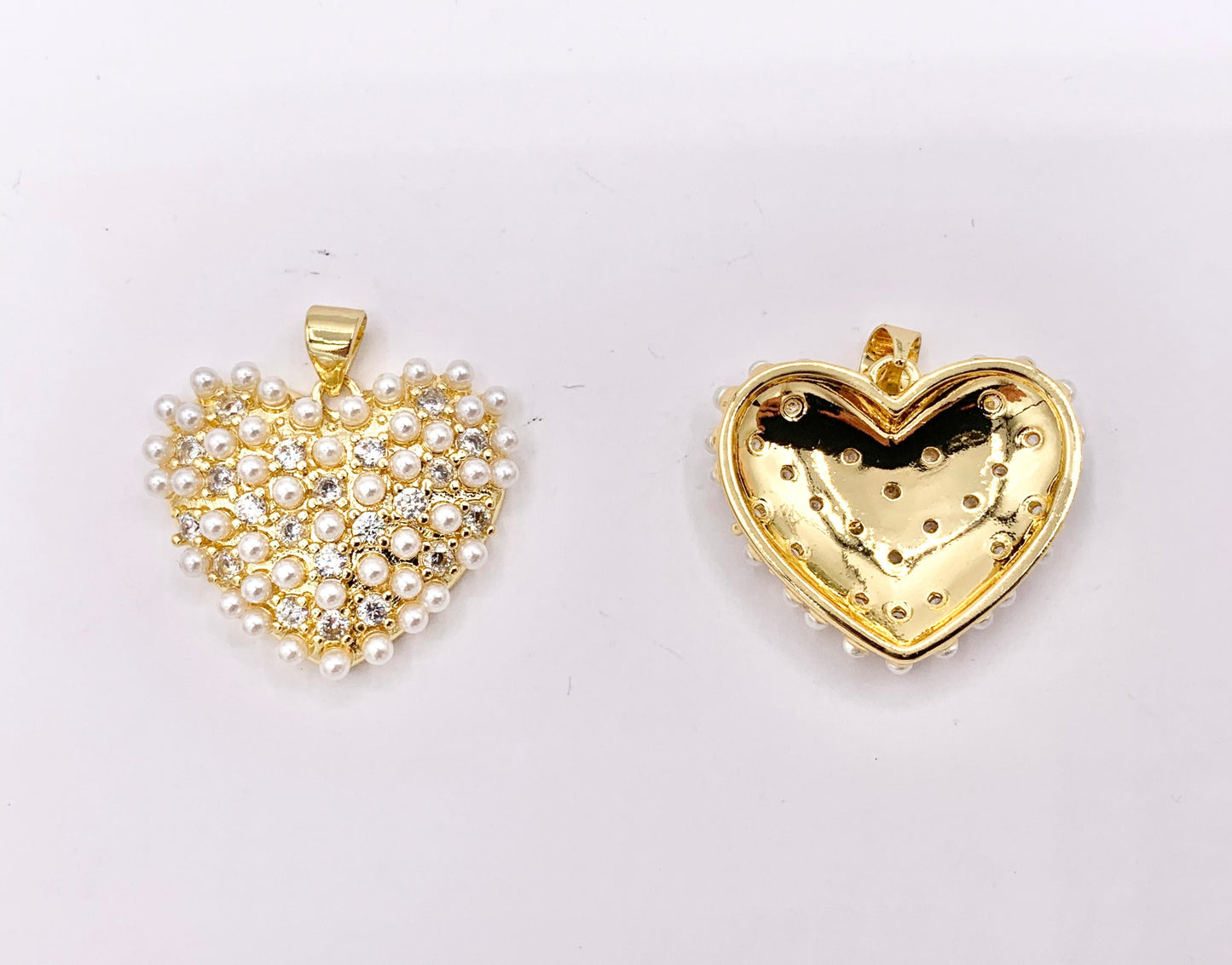 Clear and Multi CZ Pave Pearl Encrusted Puffy Hearts Pendant Charms in Real 18K Gold Plated Copper 5 PCS