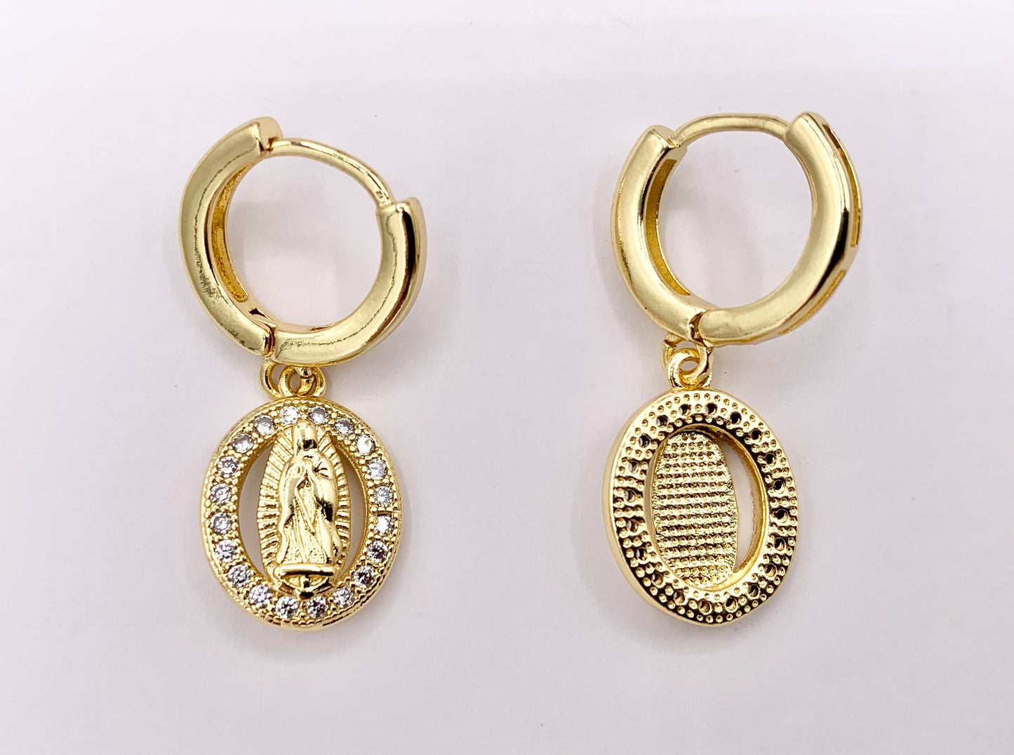 Dainty CZ Pave Virgin Mary Dangle Earring Huggies in 18K Gold Plated Copper 5 PAIRS