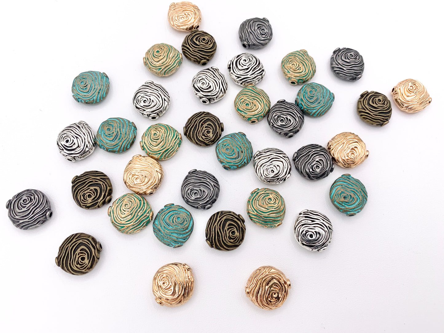13x14mm Pewter Swirl Coin Spiral Spacer Beads Rosy Gold, Silver, Bronze, Gunmetal And Patina