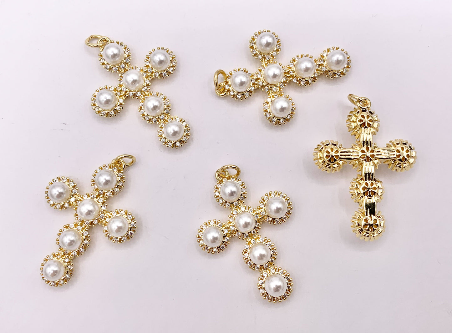 Cute CZ Pave Pearl Cross Charm in Real Gold 18K Plated Micro CZ Pave Over Brass 5 PCS