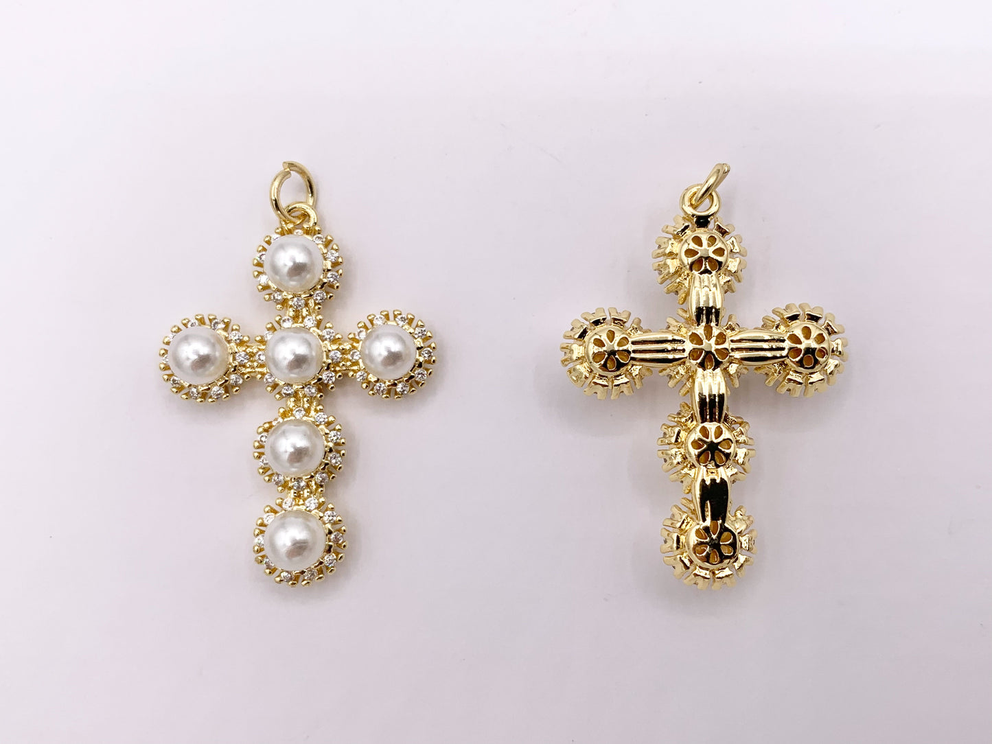Cute CZ Pave Pearl Cross Charm in Real Gold 18K Plated Micro CZ Pave Over Brass 5 PCS