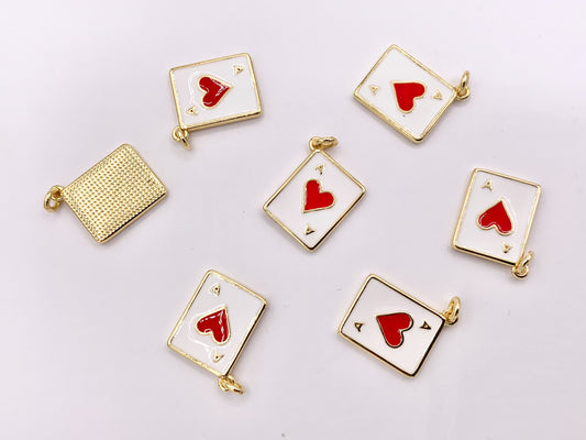 Ace of Heart Poker Player Card Charm Enamel Red Heart Charm Gold 18K Plated Over Copper 8 PCS