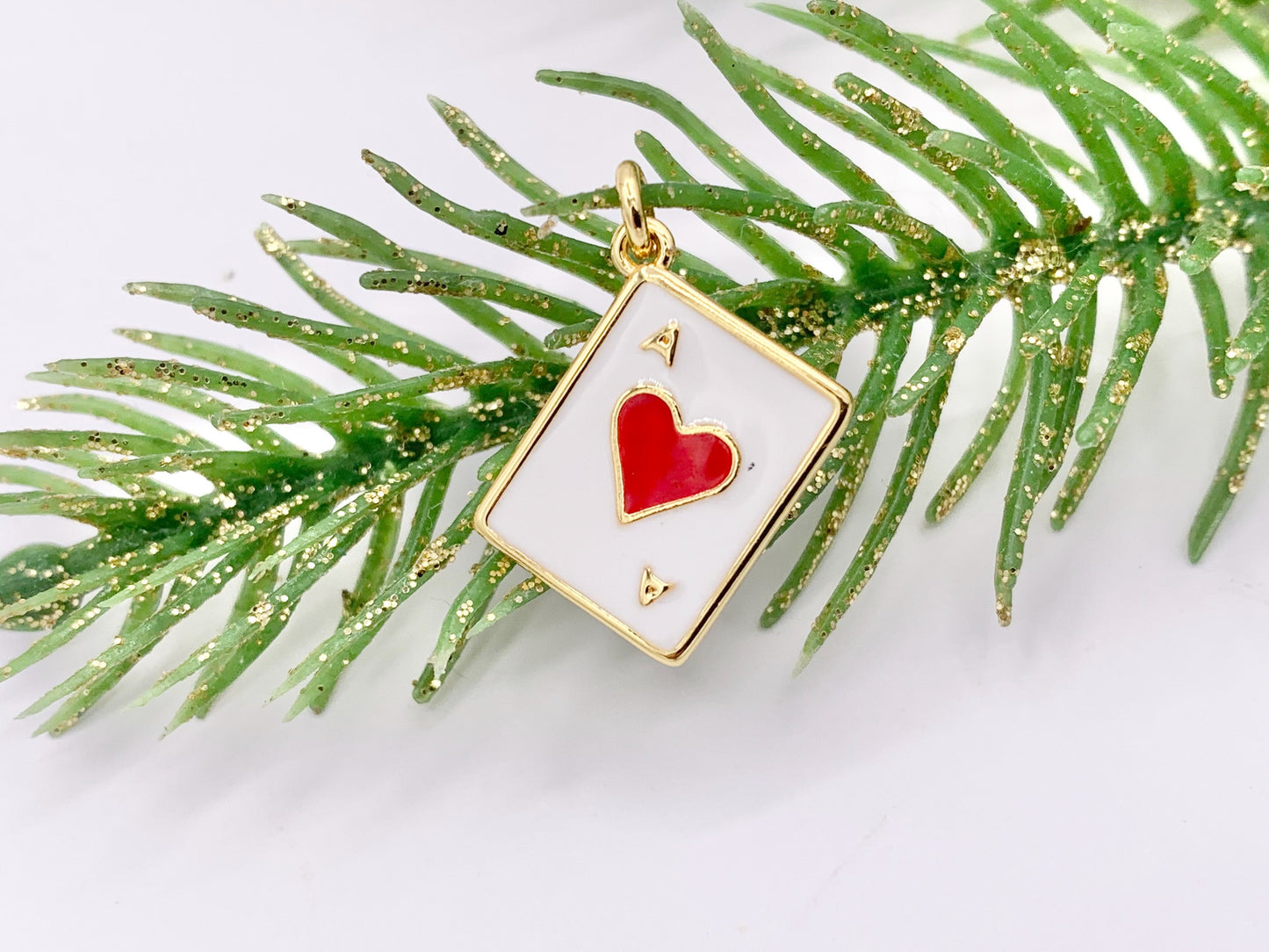 Ace of Heart Poker Player Card Charm Enamel Red Heart Charm Gold 18K Plated Over Copper 8 PCS