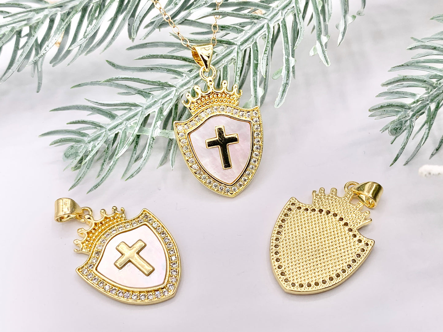 Tiara Shield Cross Pendants Princess Crown Shell Pendant in 18K Gold Plated with CZ Pave Charms Over Brass  4 PCS