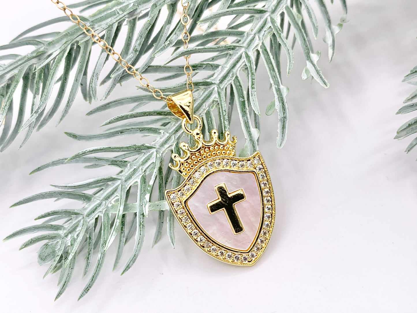 Tiara Shield Cross Pendants Princess Crown Shell Pendant in 18K Gold Plated with CZ Pave Charms Over Brass  4 PCS