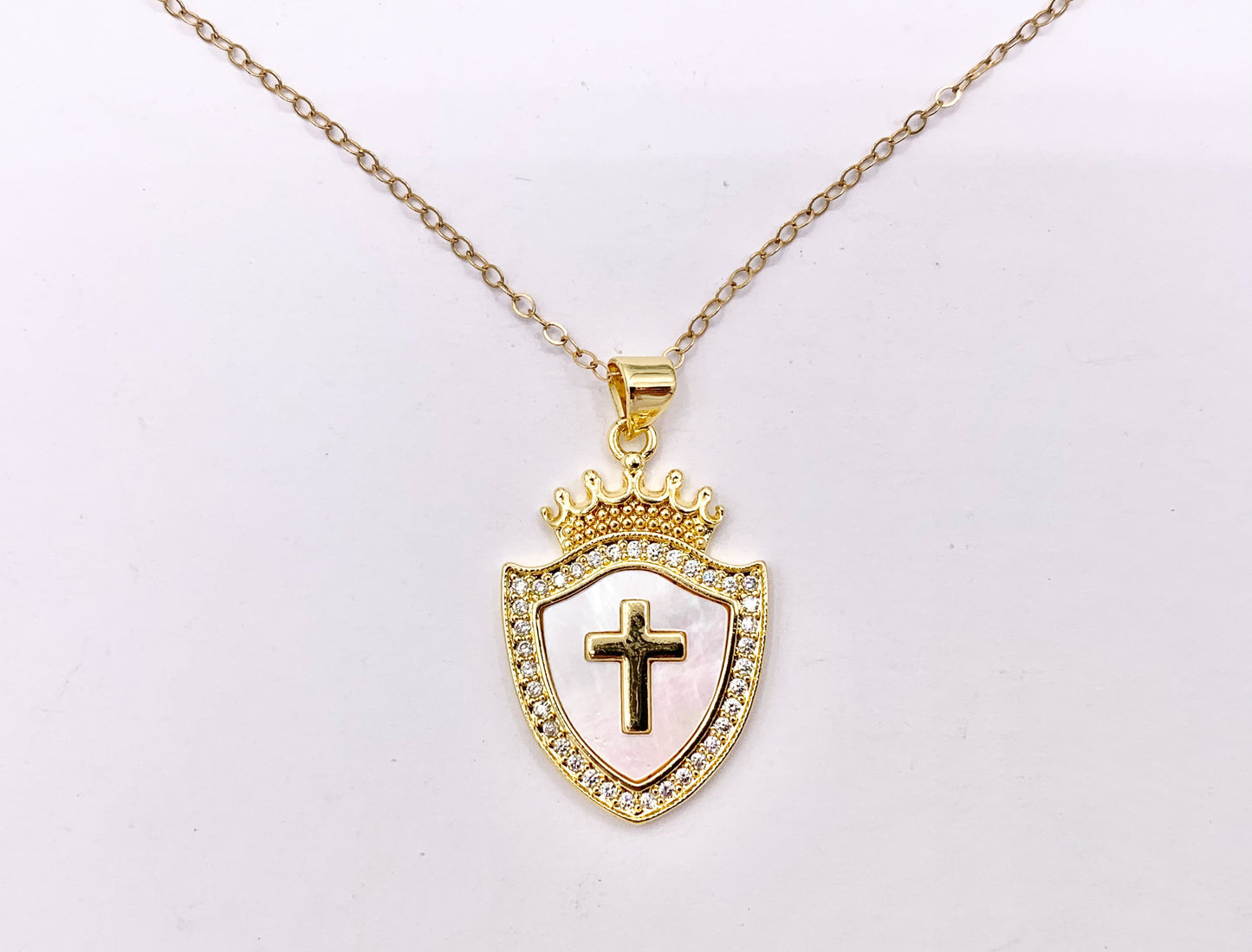 Tiara Shield Cross Pendants Princess Crown Shell Pendant in 18K Gold Plated with CZ Pave Charms Over Brass  4 PCS