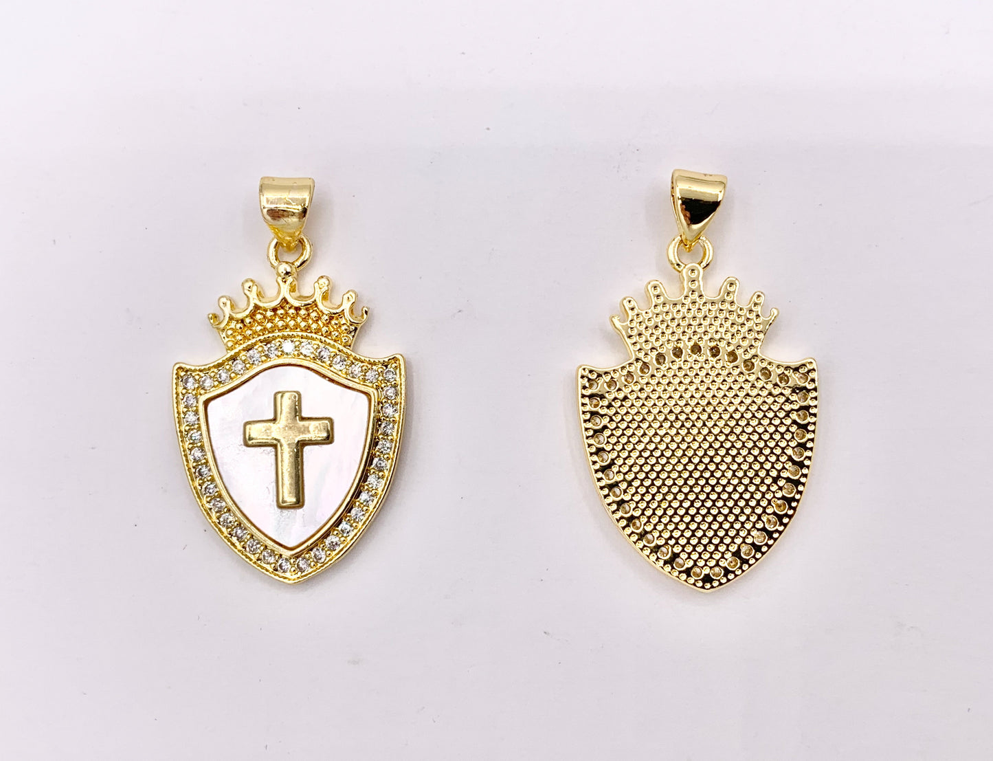 Tiara Shield Cross Pendants Princess Crown Shell Pendant in 18K Gold Plated with CZ Pave Charms Over Brass  4 PCS