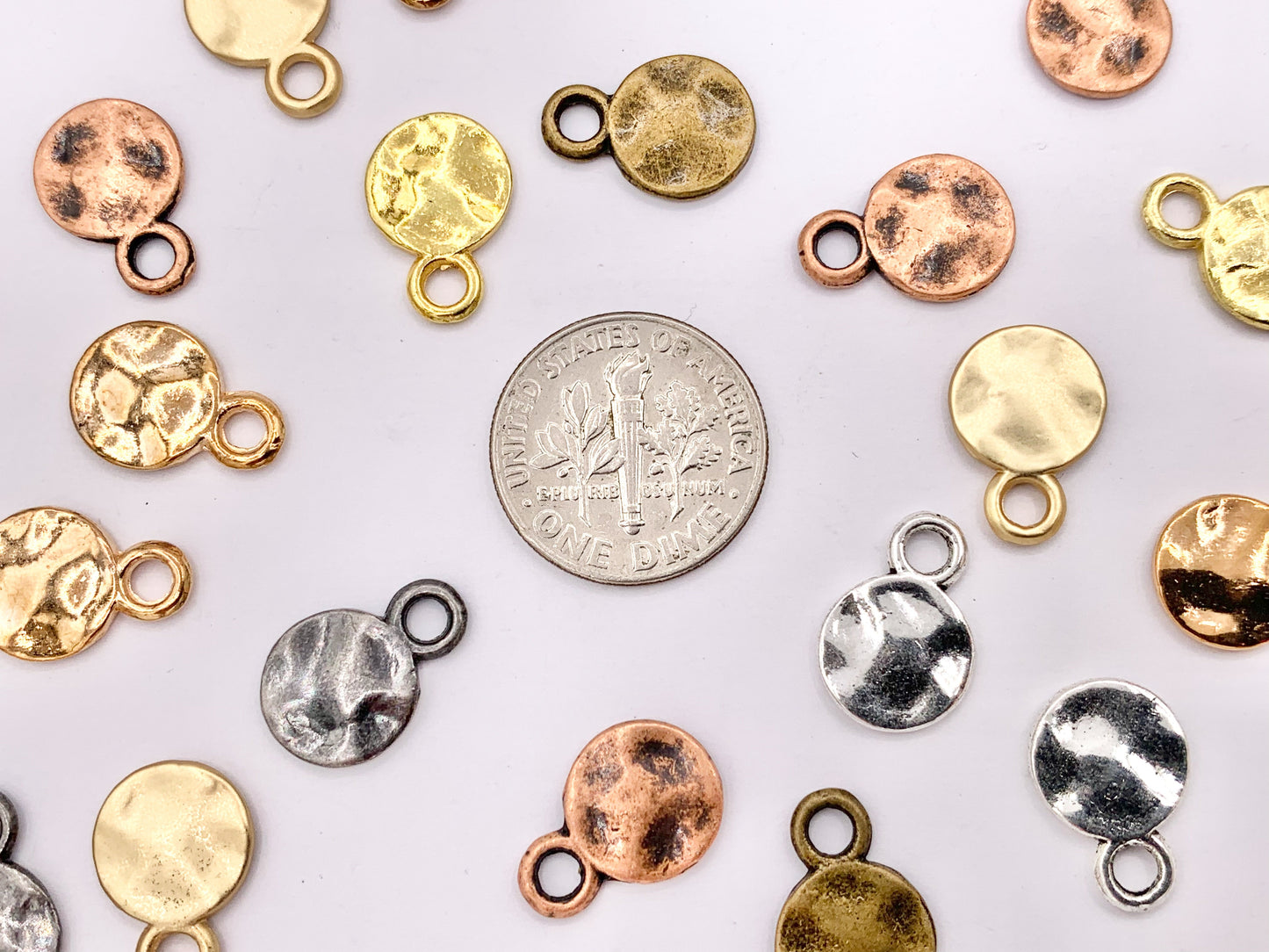 10mm Pewter Small Coin Charms in Gold, Rosy Gold, Matte Gold, Silver, Bronze, Gunmetal