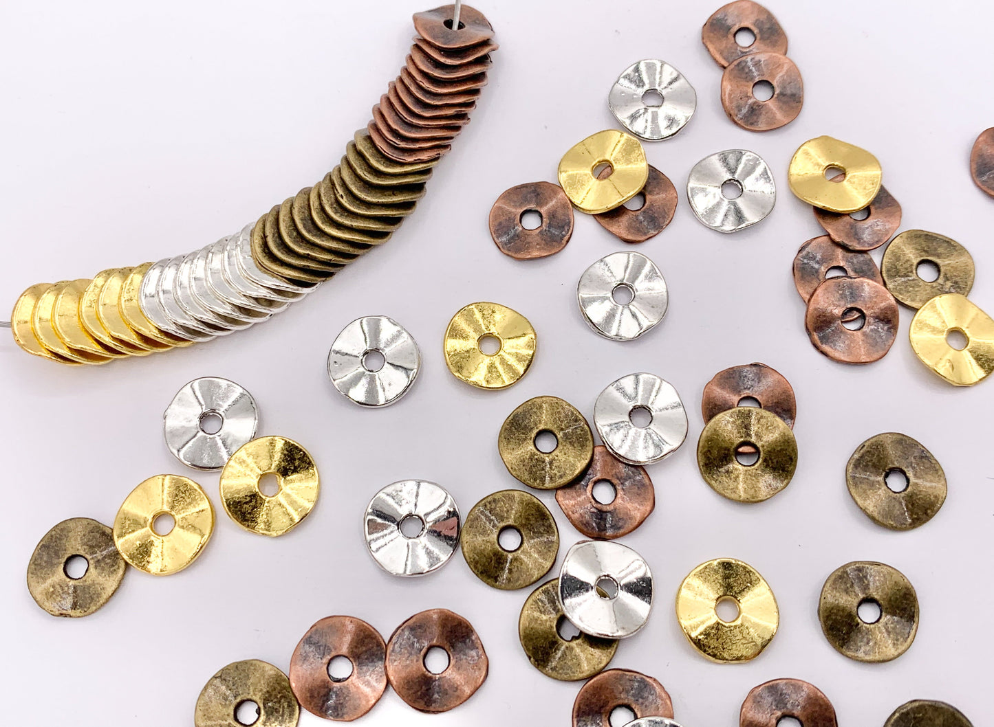 9.5mm Pewter Shiny Smooth Wavy Spacer Beads in Gold, Silver, Antique Bronze, Copper 125g