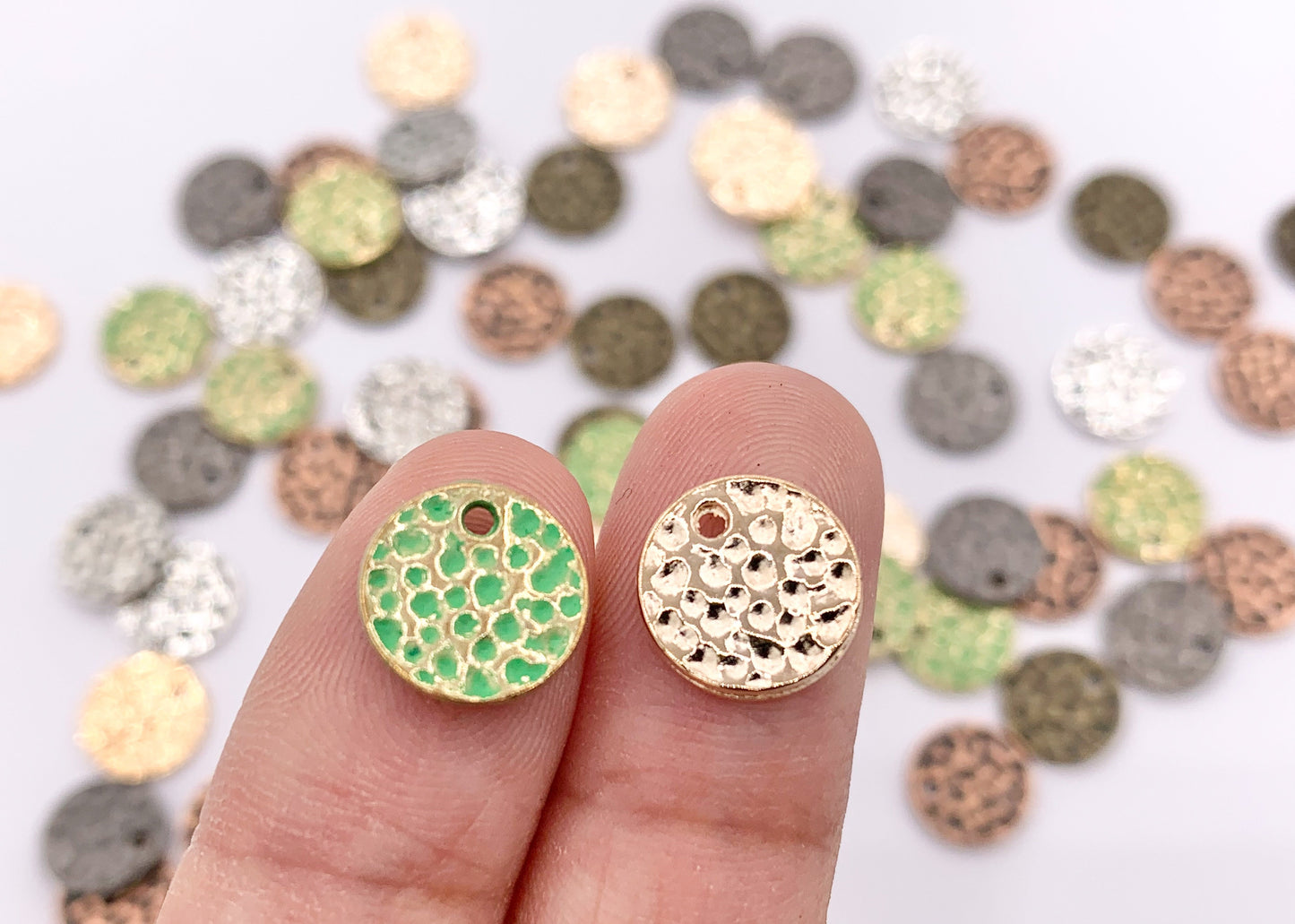 10mm Pewter Small Hammered Coin Charms in Rosy Gold, Silver, Bronze, Copper, Gunmetal and Green Patina
