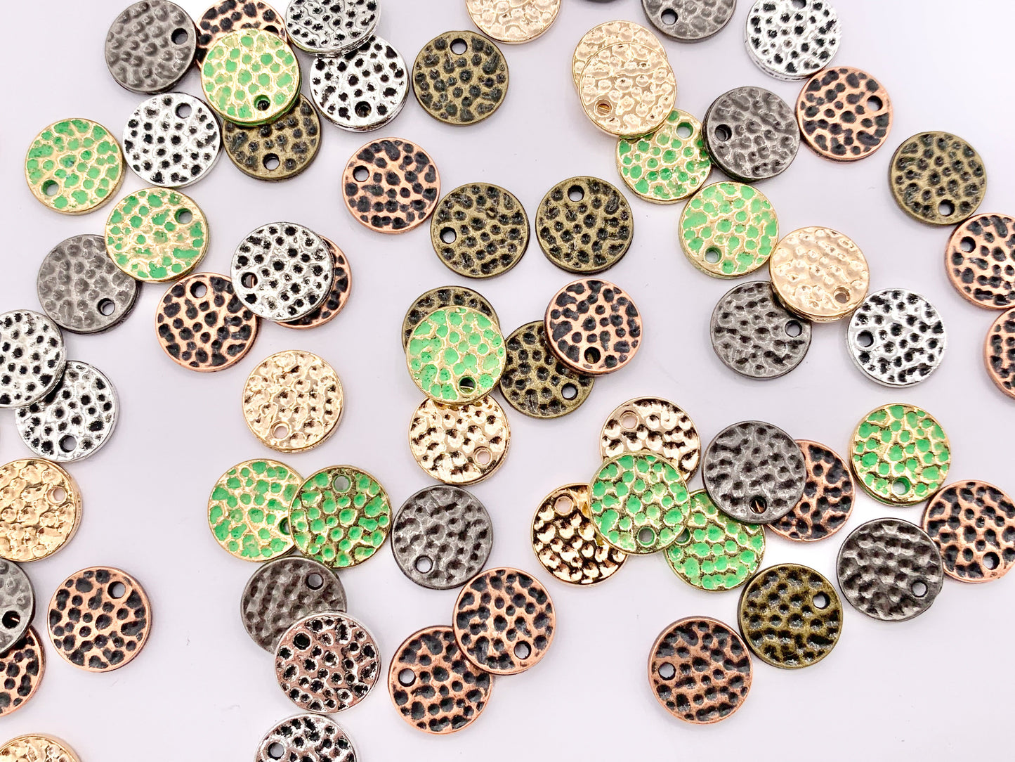 10mm Pewter Small Hammered Coin Charms in Rosy Gold, Silver, Bronze, Copper, Gunmetal and Green Patina